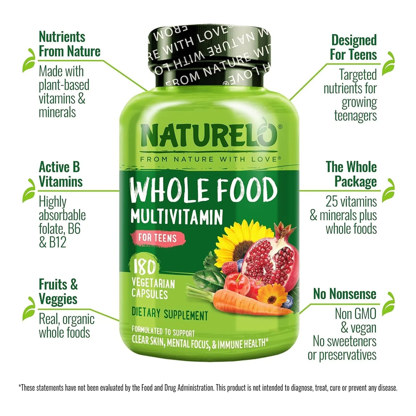 Multivitaminico Para Adolescentes Naturelo Con Vitaminas Minerales Vegano 180 Caps