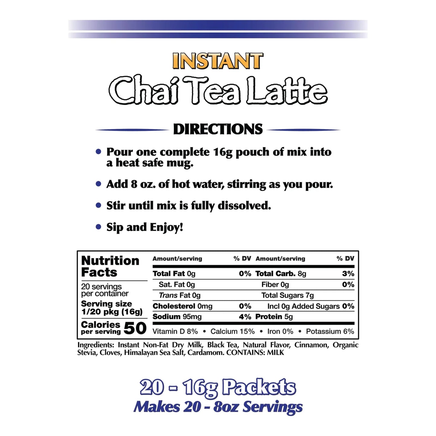 Mezcla Chai Latte Sin Azúcar Endulzado Stevia 20 Sobres Sabor Premium