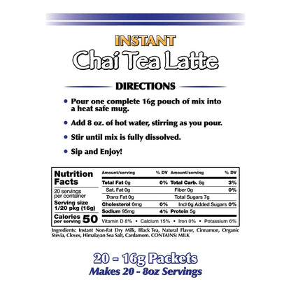 Mezcla Chai Latte Sin Azúcar Endulzado Stevia 20 Sobres Sabor Premium