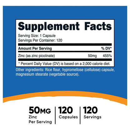 Picolinato De Zinc 50 Mg 120 Cápsulas Vegetarianas Alta Absorción Sin Gluten