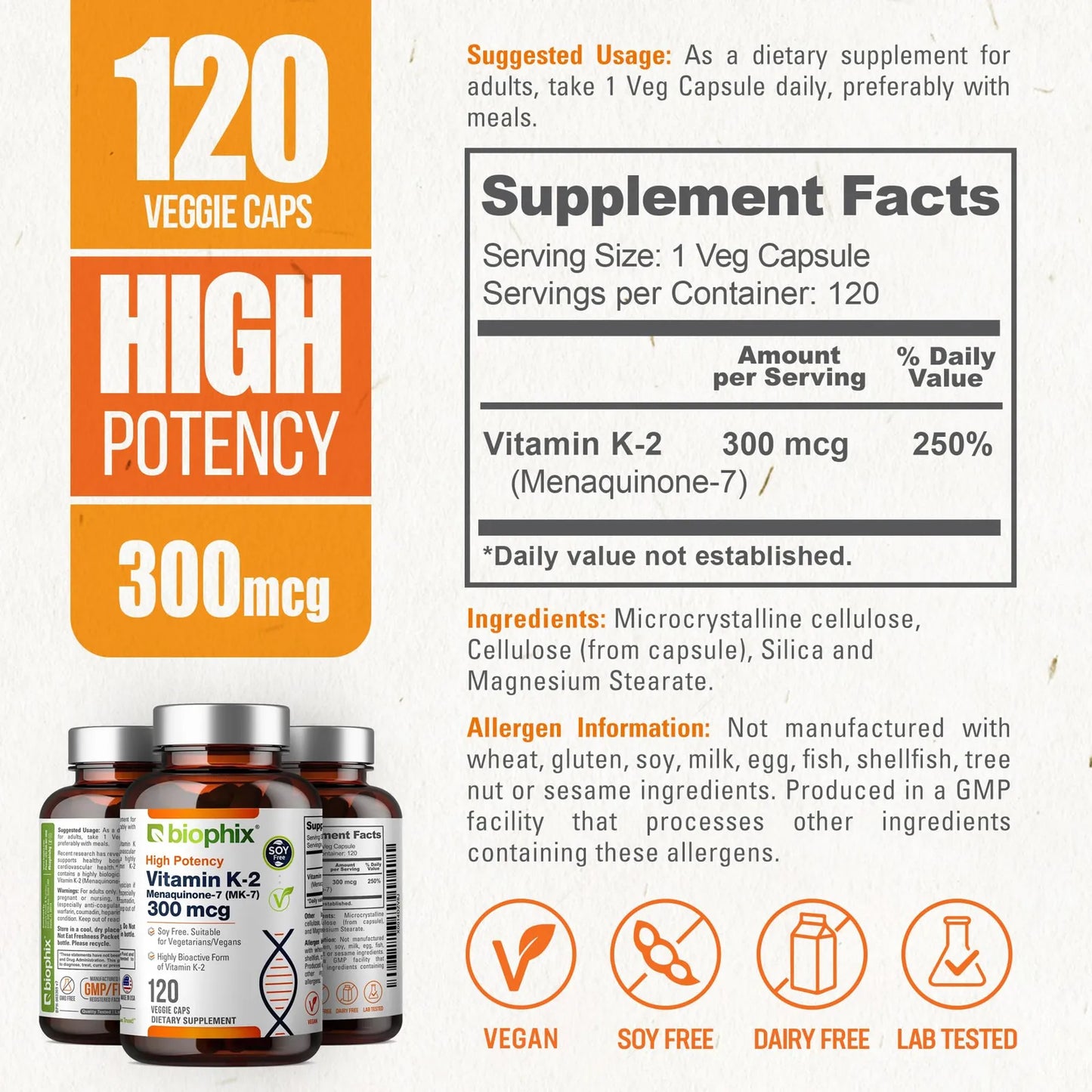 Vitamina K2 MK7 300mcg 120 Cápsulas Veganas Salud Ósea Y Cardiovascular
