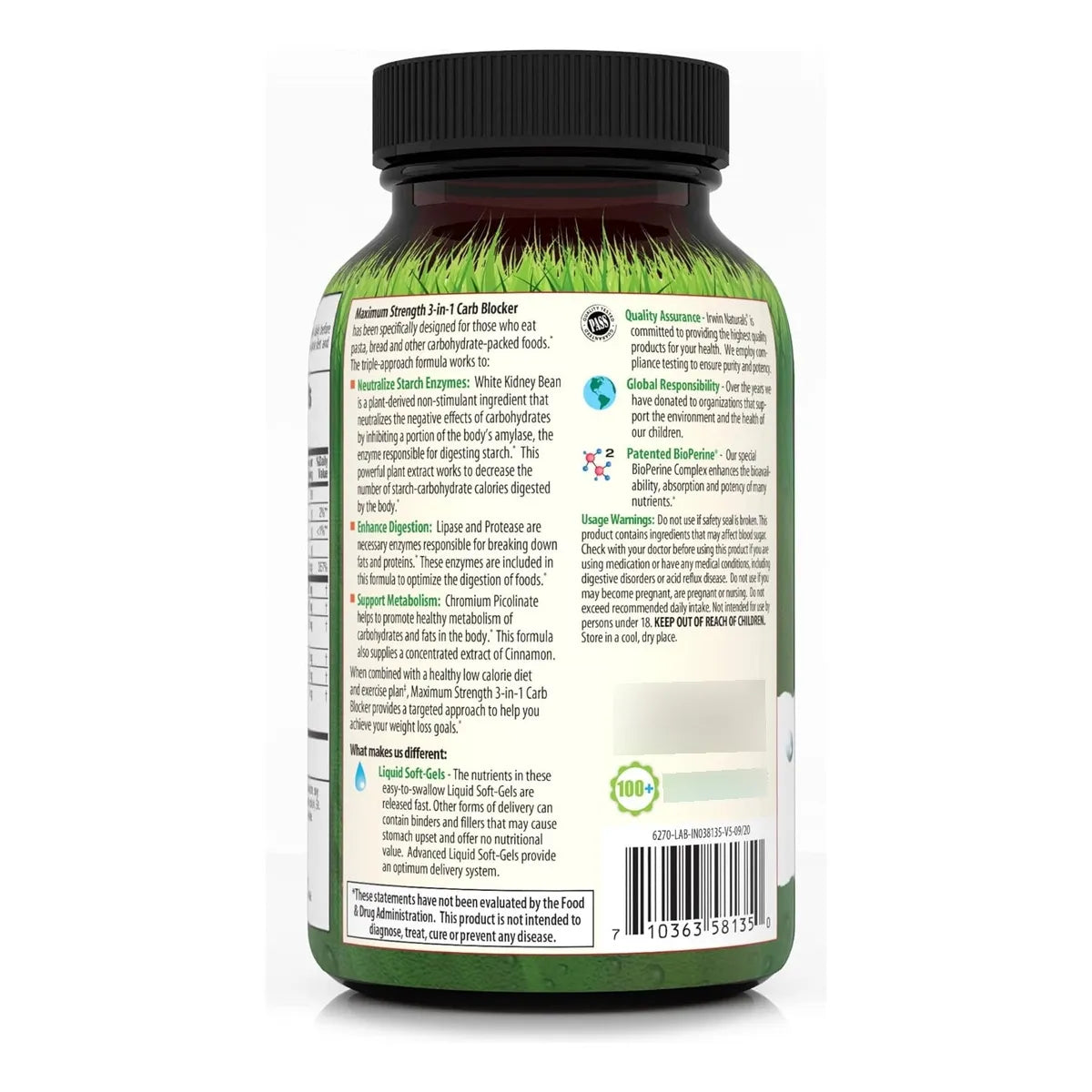 Bloqueador Carbohidratos 3 En 1 Resistencia Alta Apoyo Metabólico Irwin Naturals 150 Cápsulas