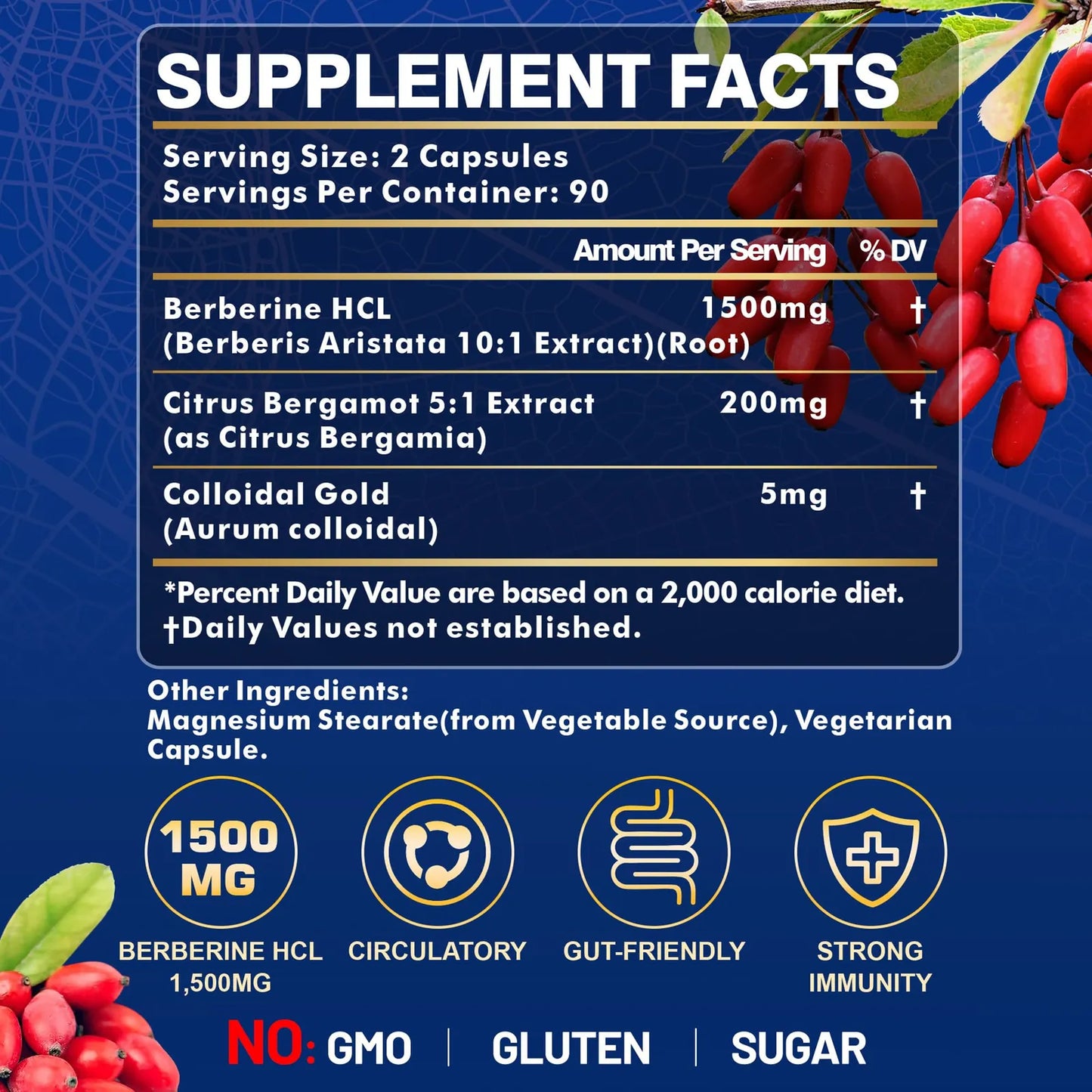 Berberina 1500 Mg Con Bergamota Soporte Metabólico y Energía Natural