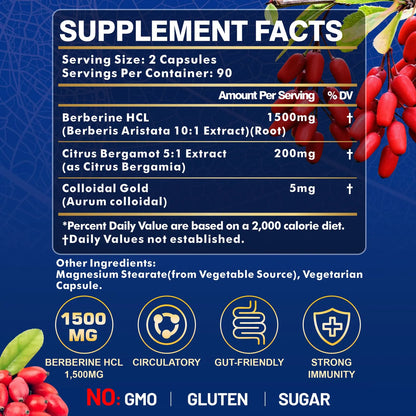 Berberina 1500 Mg Con Bergamota Soporte Metabólico y Energía Natural