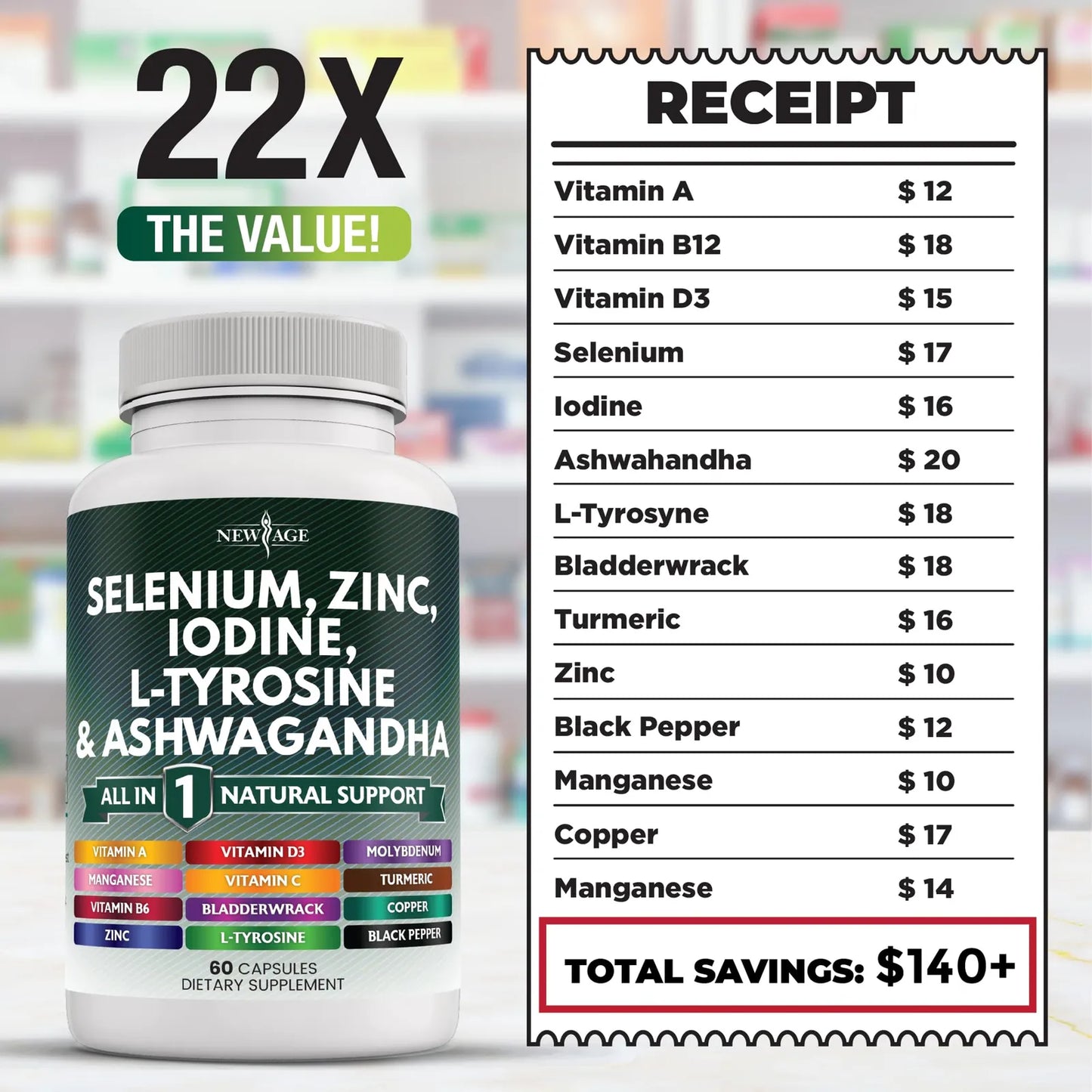 Suplemento Tiroideo Premium Selenio 300mcg Zinc 50mg Yodo 500mcg Con Ashwagandha Y L Tirosina 120 Cápsulas