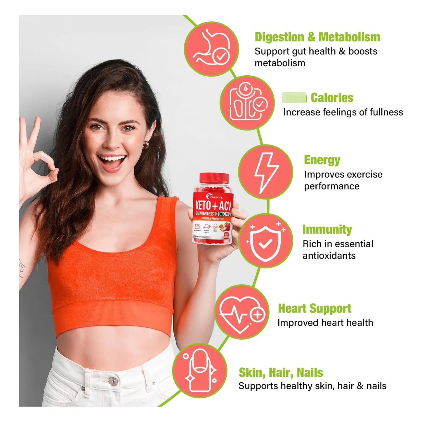Gomitas De Vinagre De Sidra De Manzana Keto ACV 2000 Mg Con Probióticos Y Vitamina B12 Para Digestión Y Energía