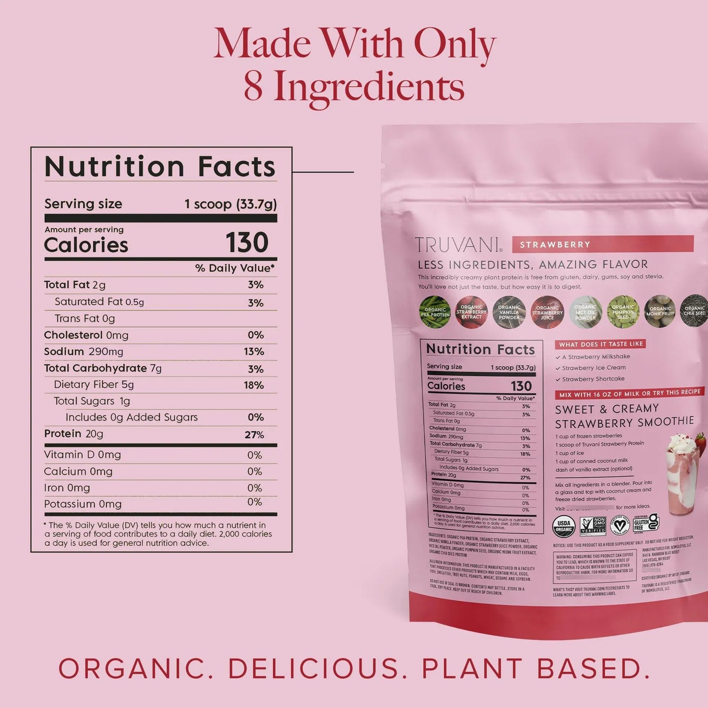 Proteína Vegana De Guisante En Polvo Sabor Fresa Orgánica 20g X 10 Sobres Keto Sin Gluten