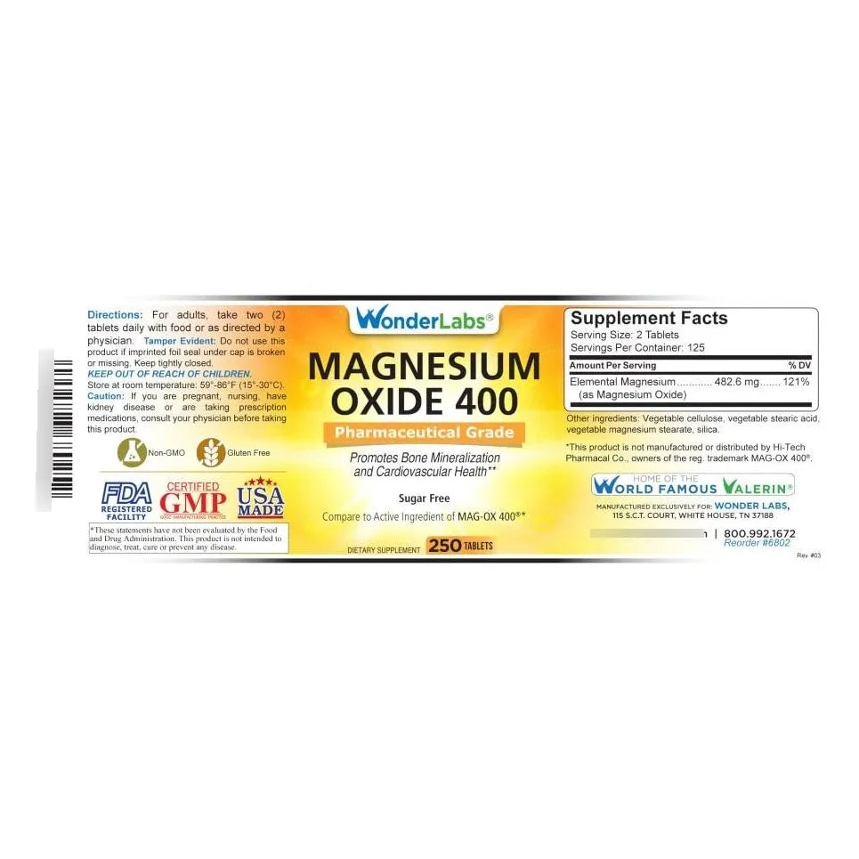 Óxido De Magnesio 483 Mg 250 Tabletas Grado Farmacéutico Salud Ósea Y Cardiovascular