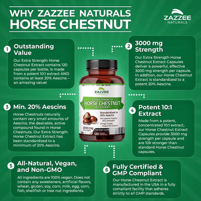 Extracto De Castaño De Indias 3000 Mg 120 Cápsulas Veganas Estandarizado 10X