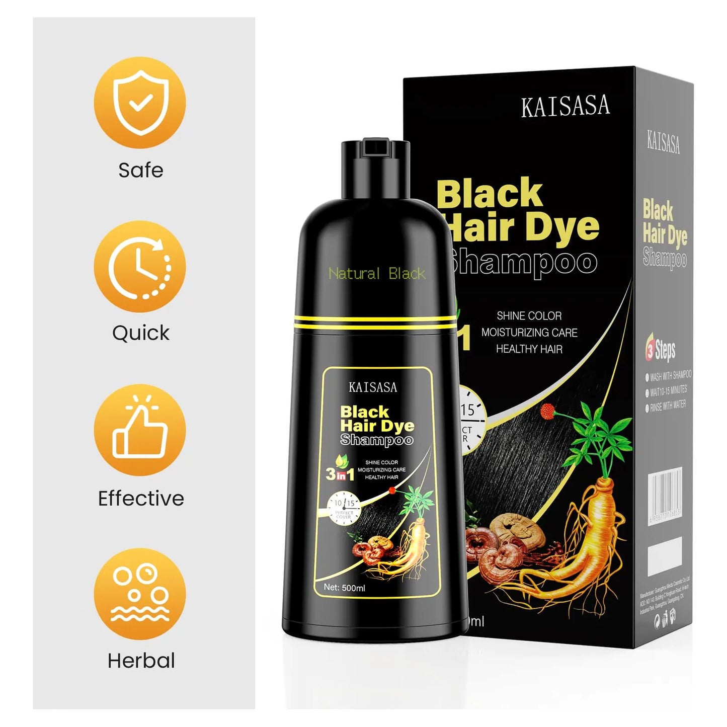 Champú Tinte Negro 3 En 1 Cobertura Canas Ingredientes Naturales 16.9 Oz
