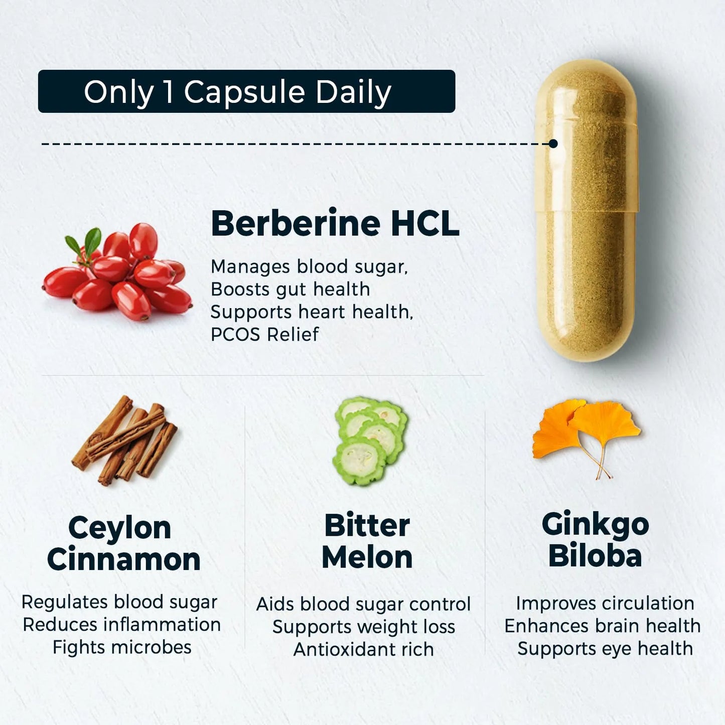 Suplemento De Berberina 4 En 1 Con Canela Melón Amargo Y Ginkgo 60 Cápsulas Potencia Metabólica E Inmunidad