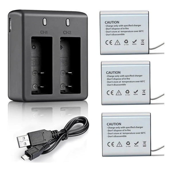 Batería Recargable 1350 mAh X3 Para Cámara Acción Con Cargador Dual USB