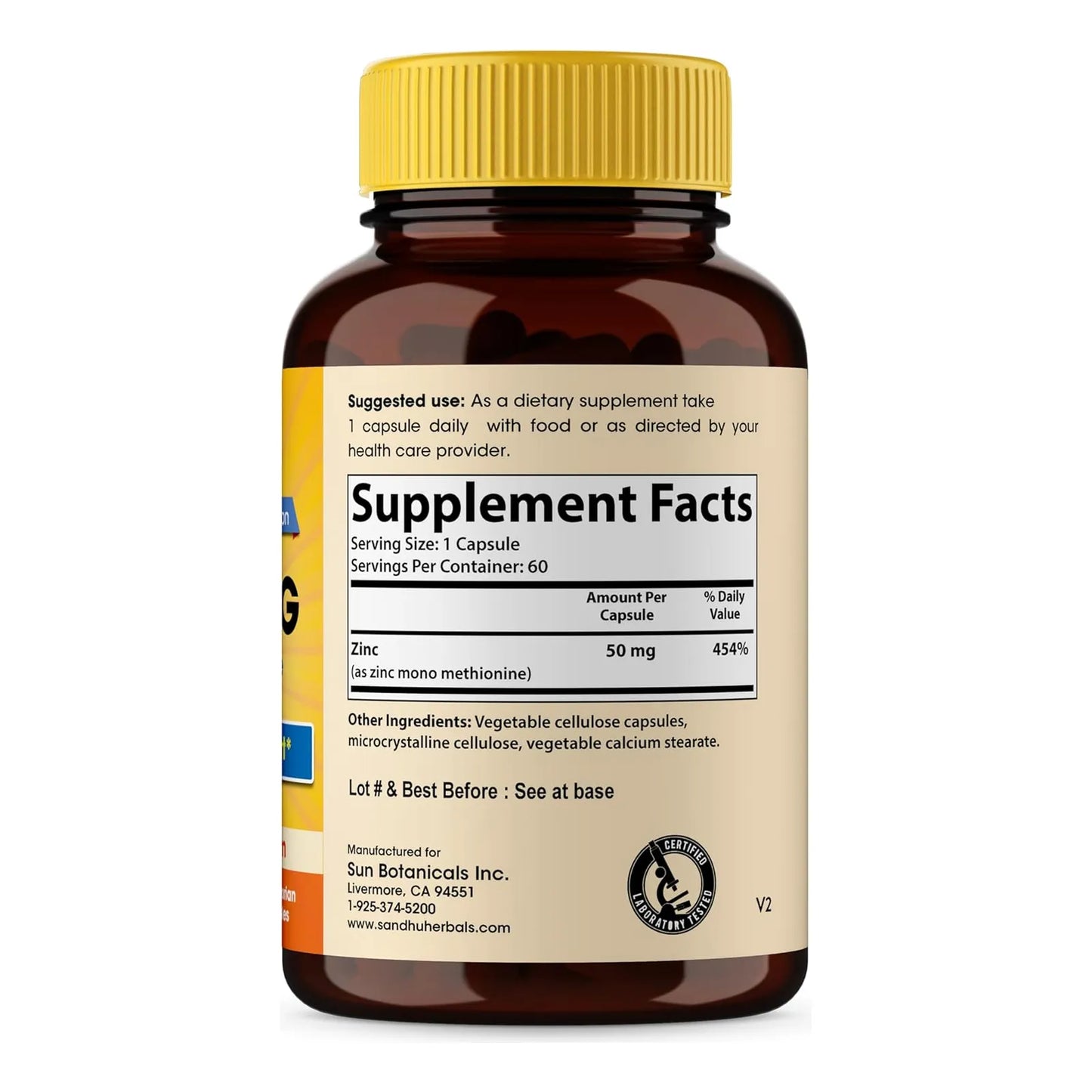 Sandhu Herbals Suplemento De Zinc 50 Mg Monometionina Alta Absorción 60 Cápsulas