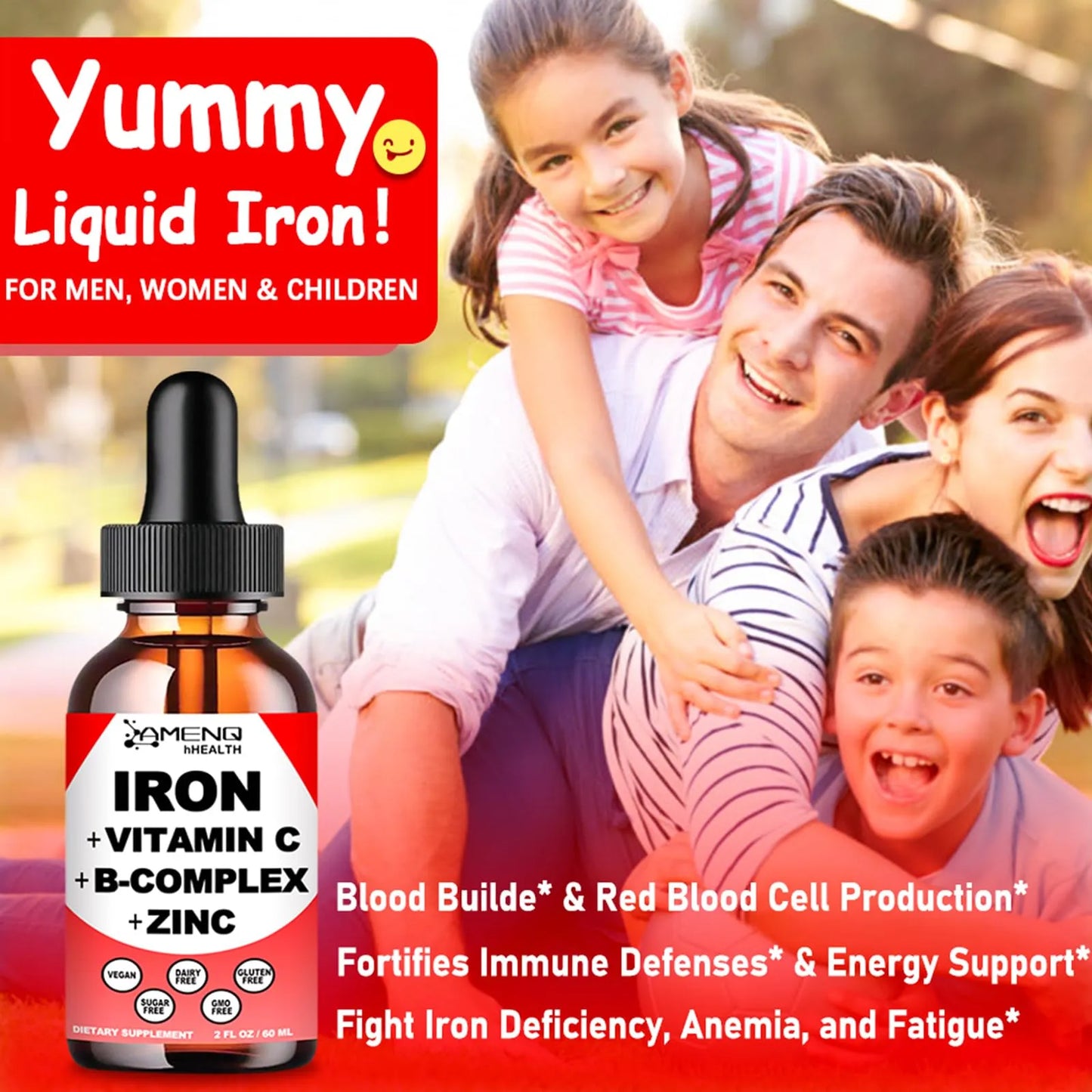 Suplemento De Hierro Líquido Con Vitaminas C A Y B Vegano Sabor Fresa