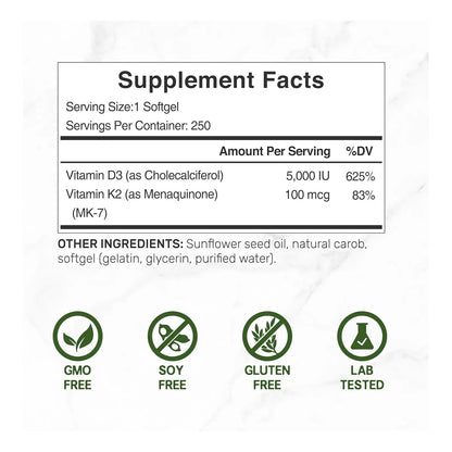 Deal Supplement Vitamin D3 K2 Softgel 250 Cápsulas 5000 Iu Y 100mcg - Imagen 4