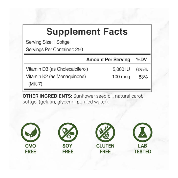 Deal Supplement Vitamin D3 K2 Softgel 250 Cápsulas 5000 Iu Y 100mcg - Imagen 4