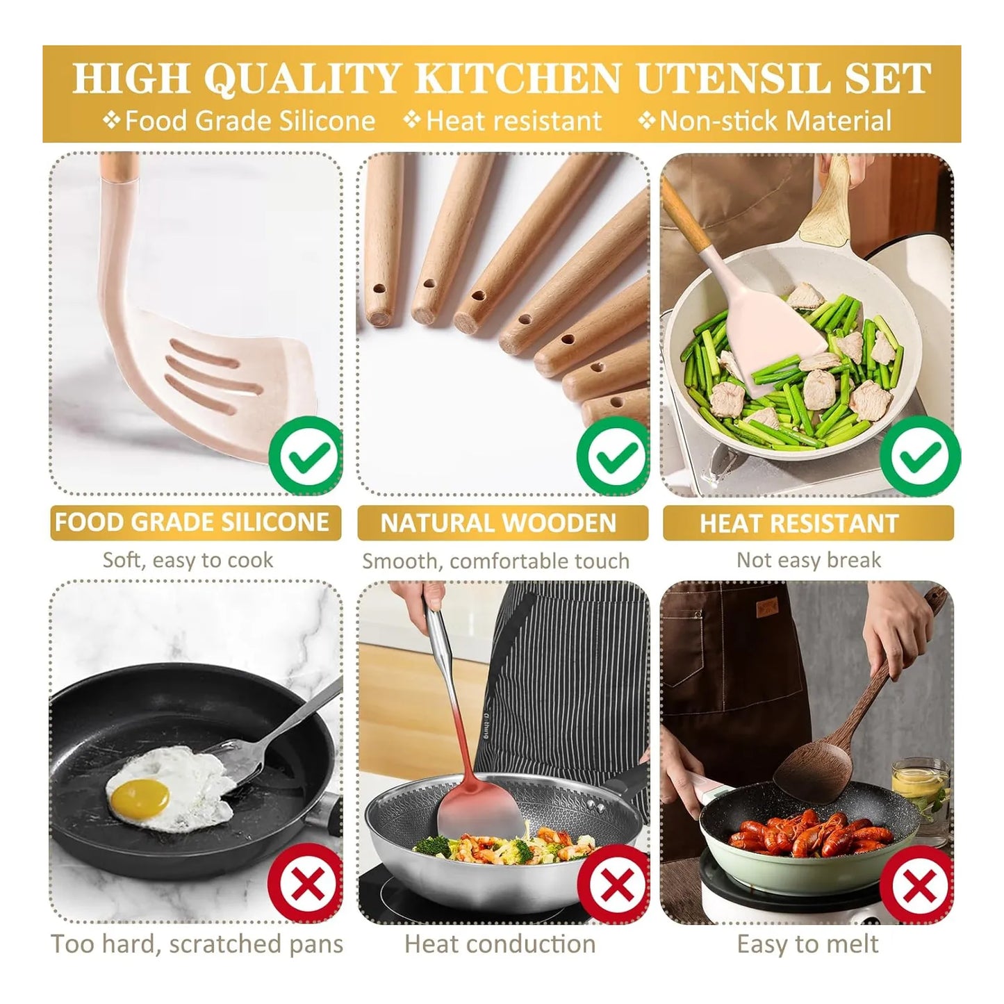Juego De Utensilios Cocina Silicona 43 Piezas Antiadherentes Mangos Madera Resistente Al Calor