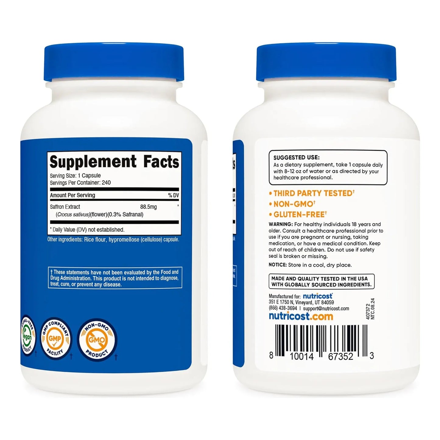Extracto De Azafrán 88.5 Mg 240 Cápsulas Vegetales Naturales Sin Gluten Ni OMG