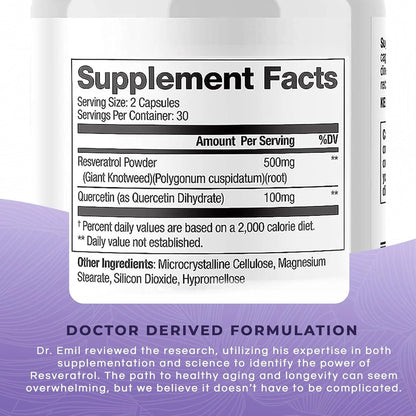 Suplemento De Resveratrol 500 Mg Y Quercetina 100 Mg Para Envejecimiento Saludable 60 Capsulas