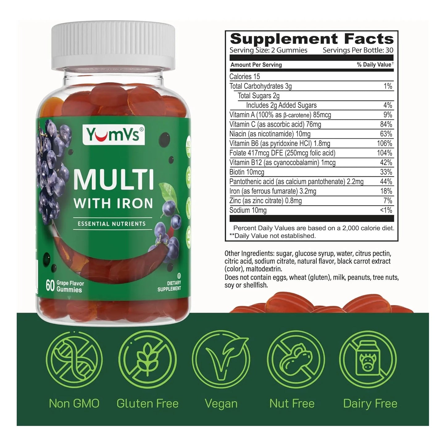 Gomitas Multivitamínicas Sabor Uva Con Hierro Para Adultos YUM-V'S 60 Unidades