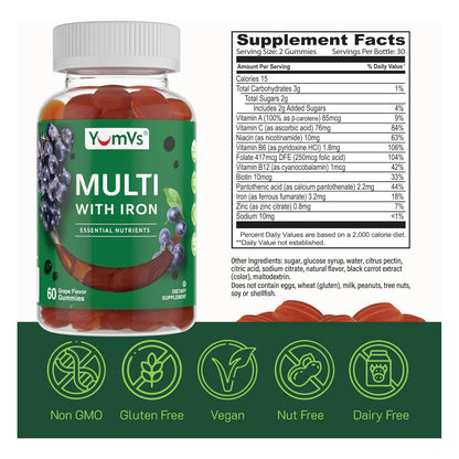 Gomitas Multivitamínicas Sabor Uva Con Hierro Para Adultos YUM-V'S 60 Unidades