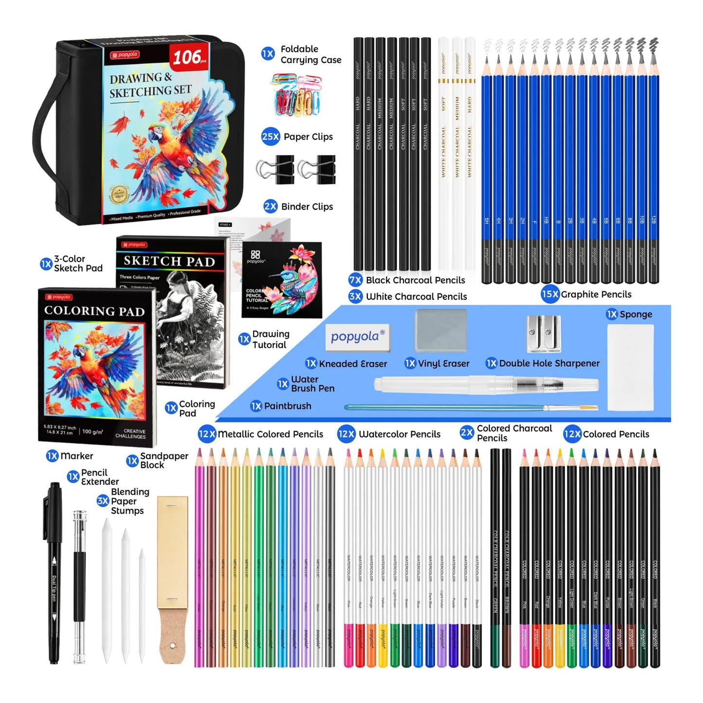 Kit Dibujo Profesional 106 Piezas Con Cuaderno 3 Colores Lápices Grafito Acuarela