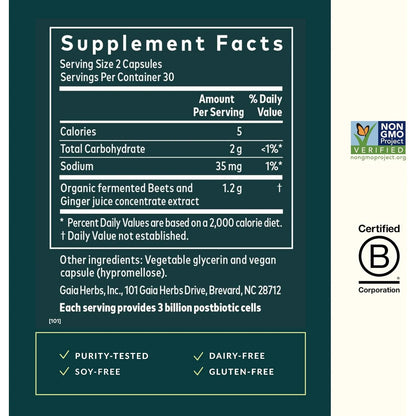 Capsulas De Jengibre Con Remolacha Fermentada Para Salud Intestinal Y Cardíaca Gaia Herbs 60 Unidades Veganas