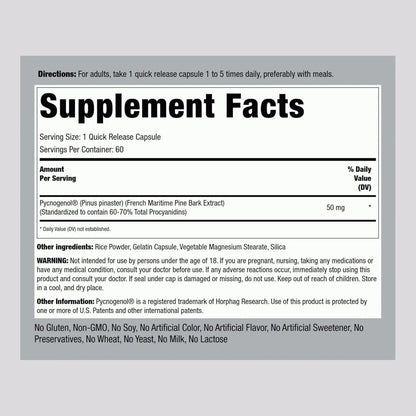 Extracto De Pycnogenol 50 Mg 60 Cápsulas Corteza De Pino Marítimo Antioxidante Puro