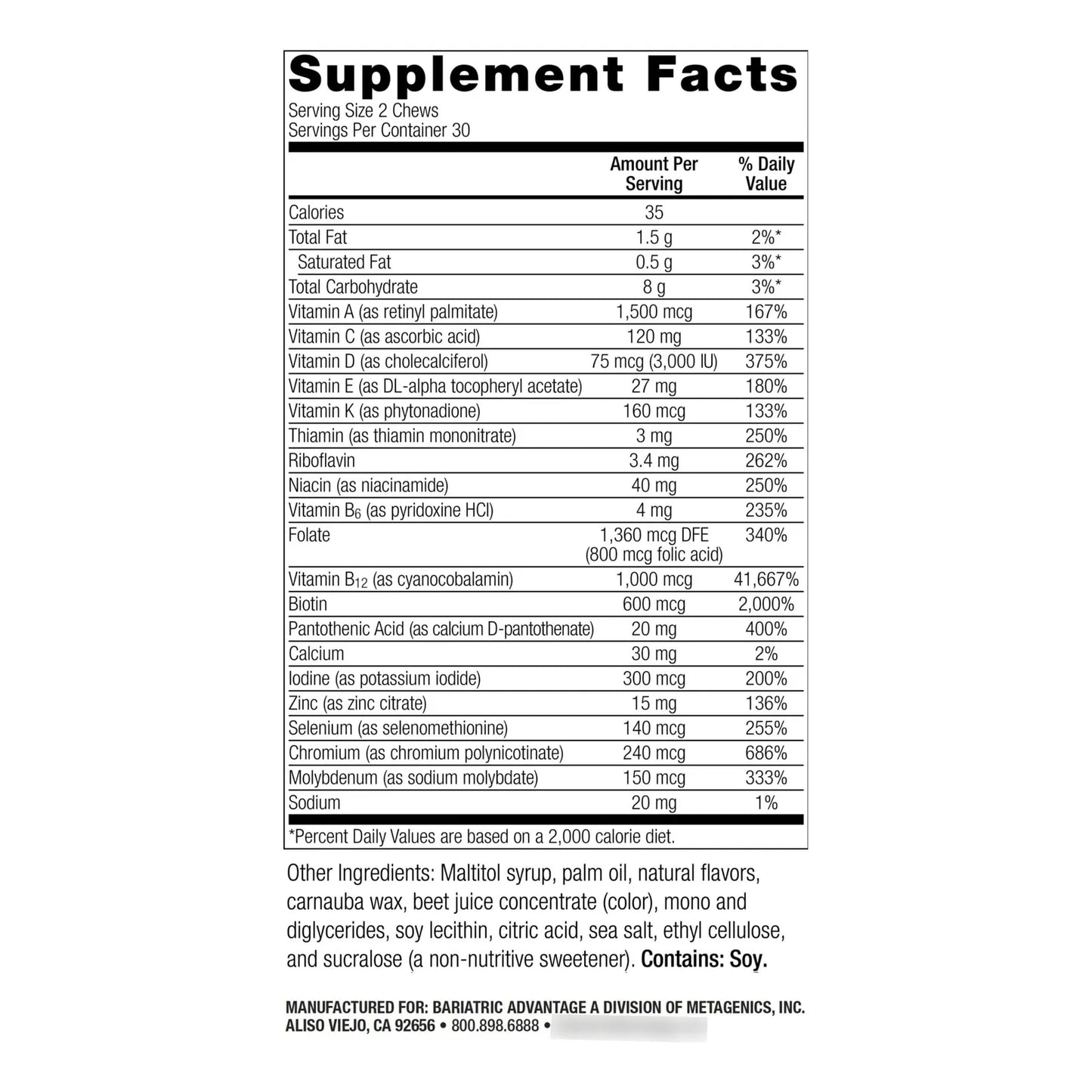 Multivitaminico Masticable Sabor Sandia Fresa 60 Unidades Para Pacientes Bariatricos