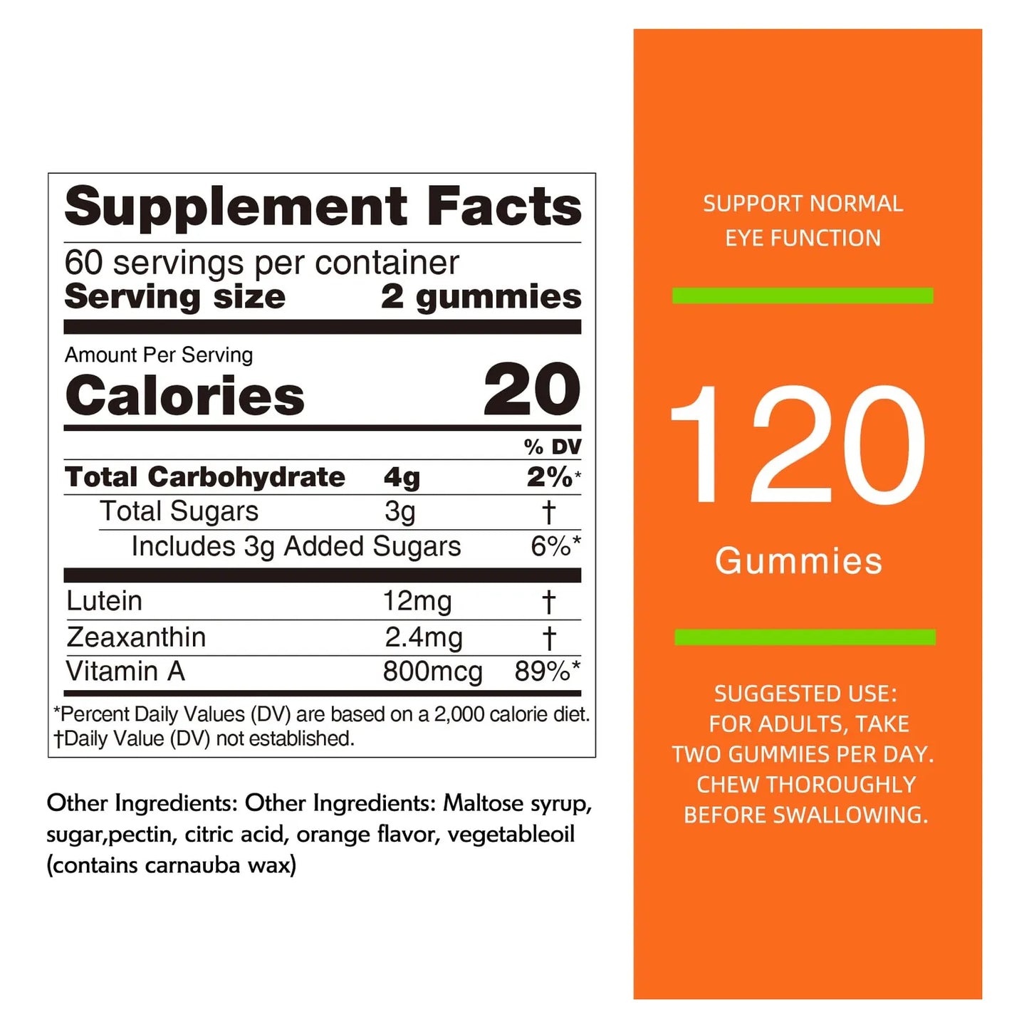 Gomitas De Luteina 12 Mg Con Zeaxantina Y Vitamina A Sabor Naranja 120 Unidades
