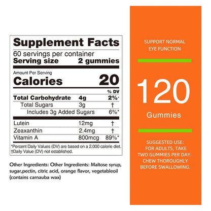 Gomitas De Luteina 12 Mg Con Zeaxantina Y Vitamina A Sabor Naranja 120 Unidades
