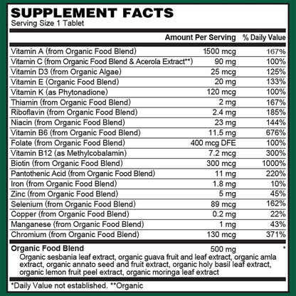 Multivitamínico Orgánico Diario Para Hombres Mezcla De Alimentos Integrales Vegano Sin OMG 30 Tabletas