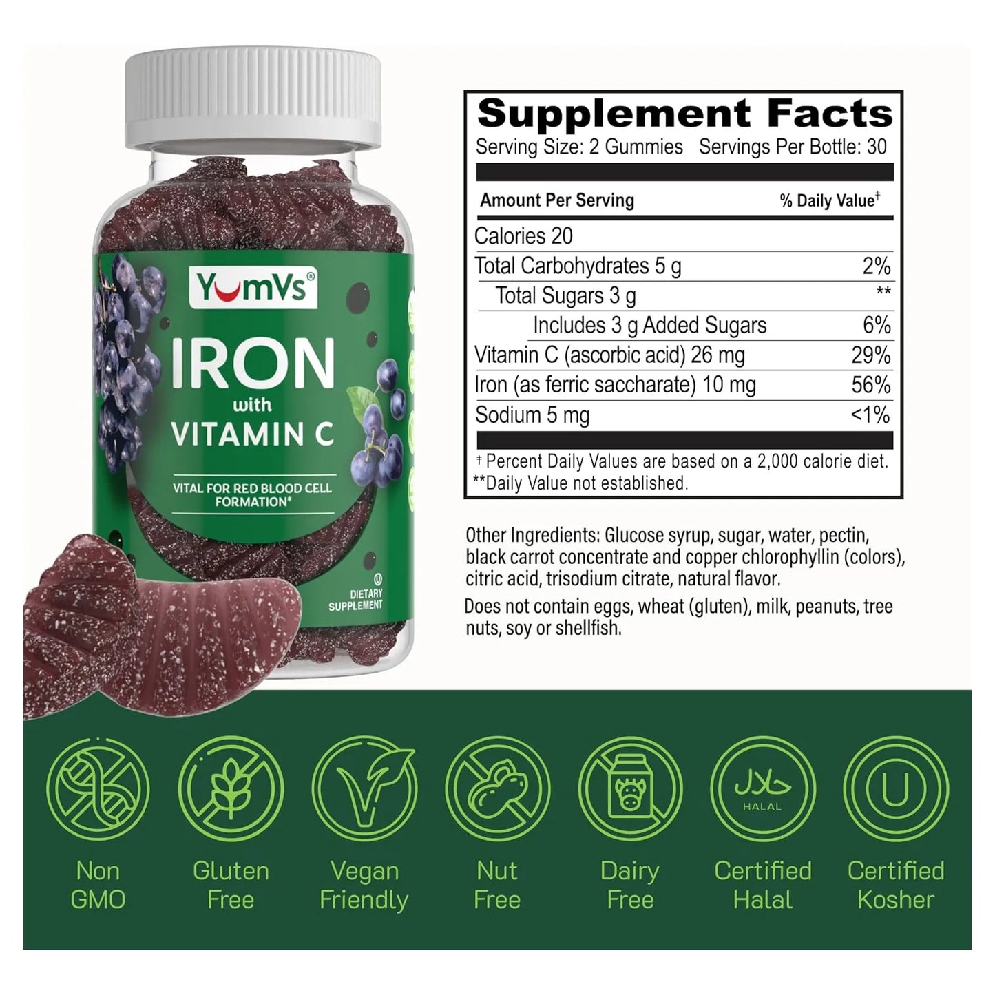 Gomitas De Hierro Adultos Sabor Uva Con Vitamina C YUM-V Suplemento Nutricional