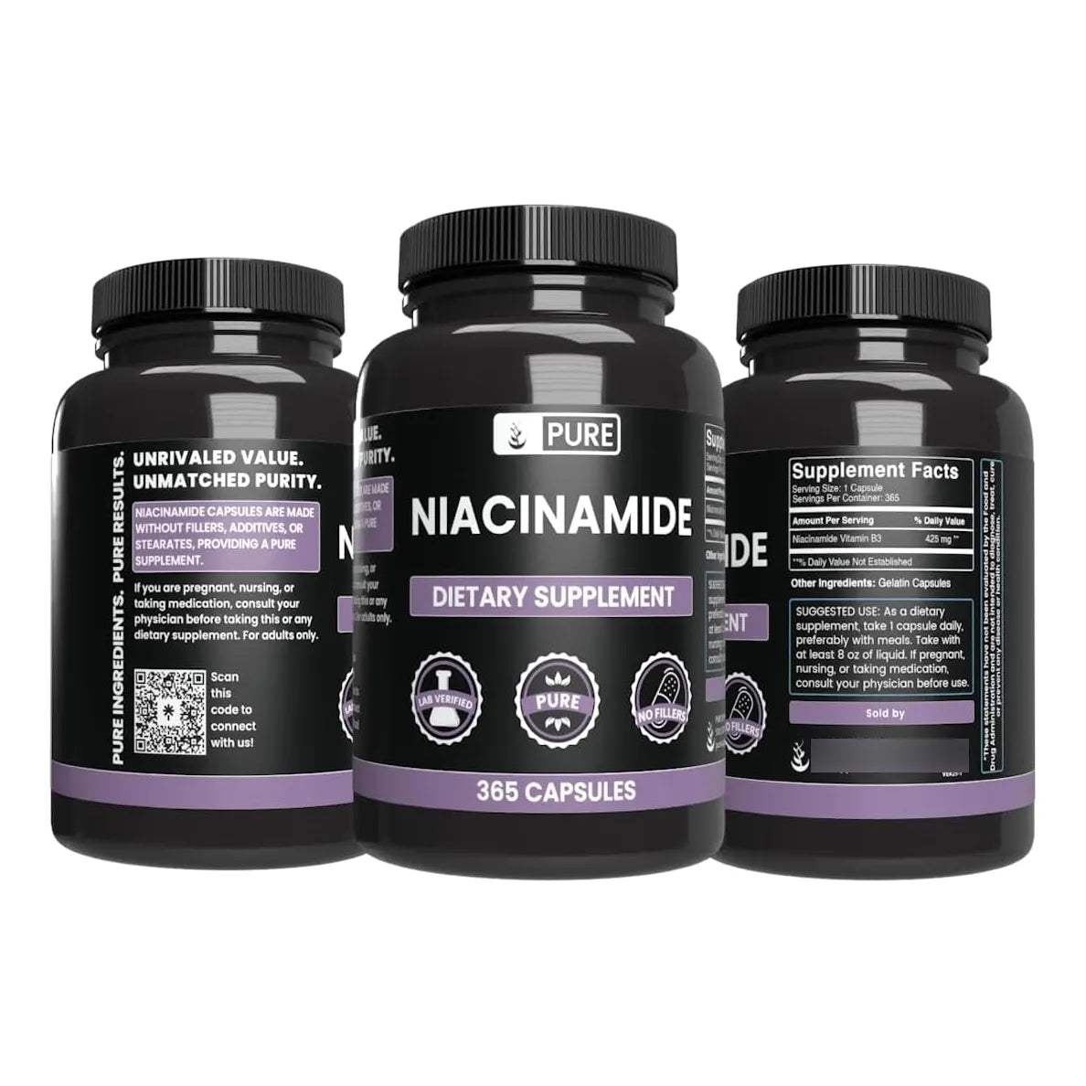 Niacinamida Pura 365 Cápsulas Sin Rellenos Vitamina B3 Esencial