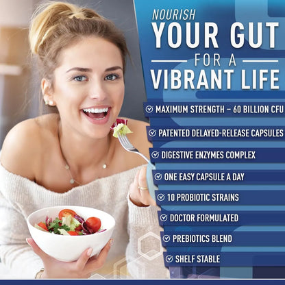 Probióticos Premium 60 Mil Millones CFU Con Prebióticos Orgánicos Y Enzimas Digestivas Para Salud Intestinal
