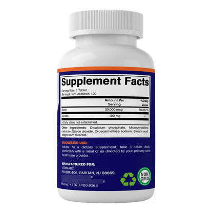 Biotina 20000 Mcg Con Queratina 100 Mg 120 Tabletas Cabello Piel Uñas