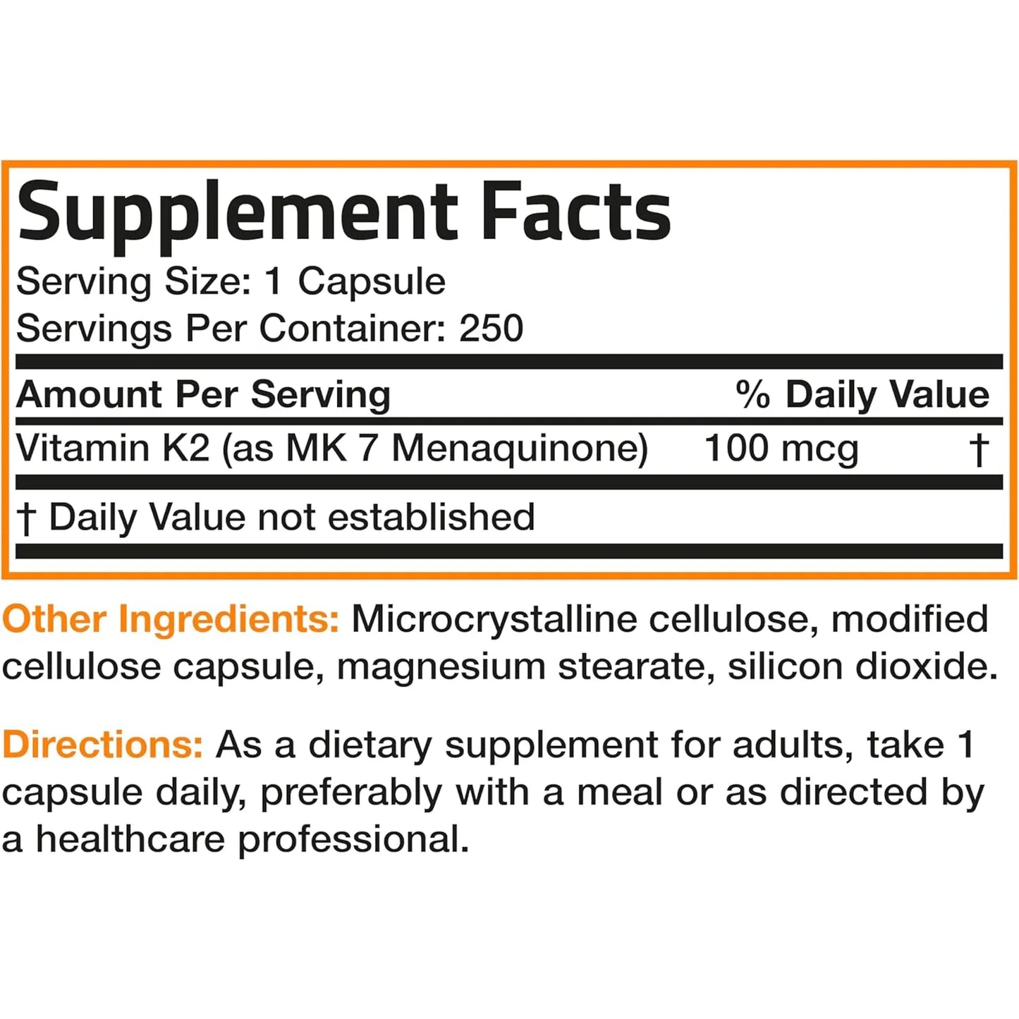 Vitamina K2 MK7 100 Mcg 250 Capsulas Bronson Huesos Fuertes Y Corazon Sano