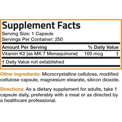 Vitamina K2 MK7 100 Mcg 250 Capsulas Bronson Huesos Fuertes Y Corazon Sano