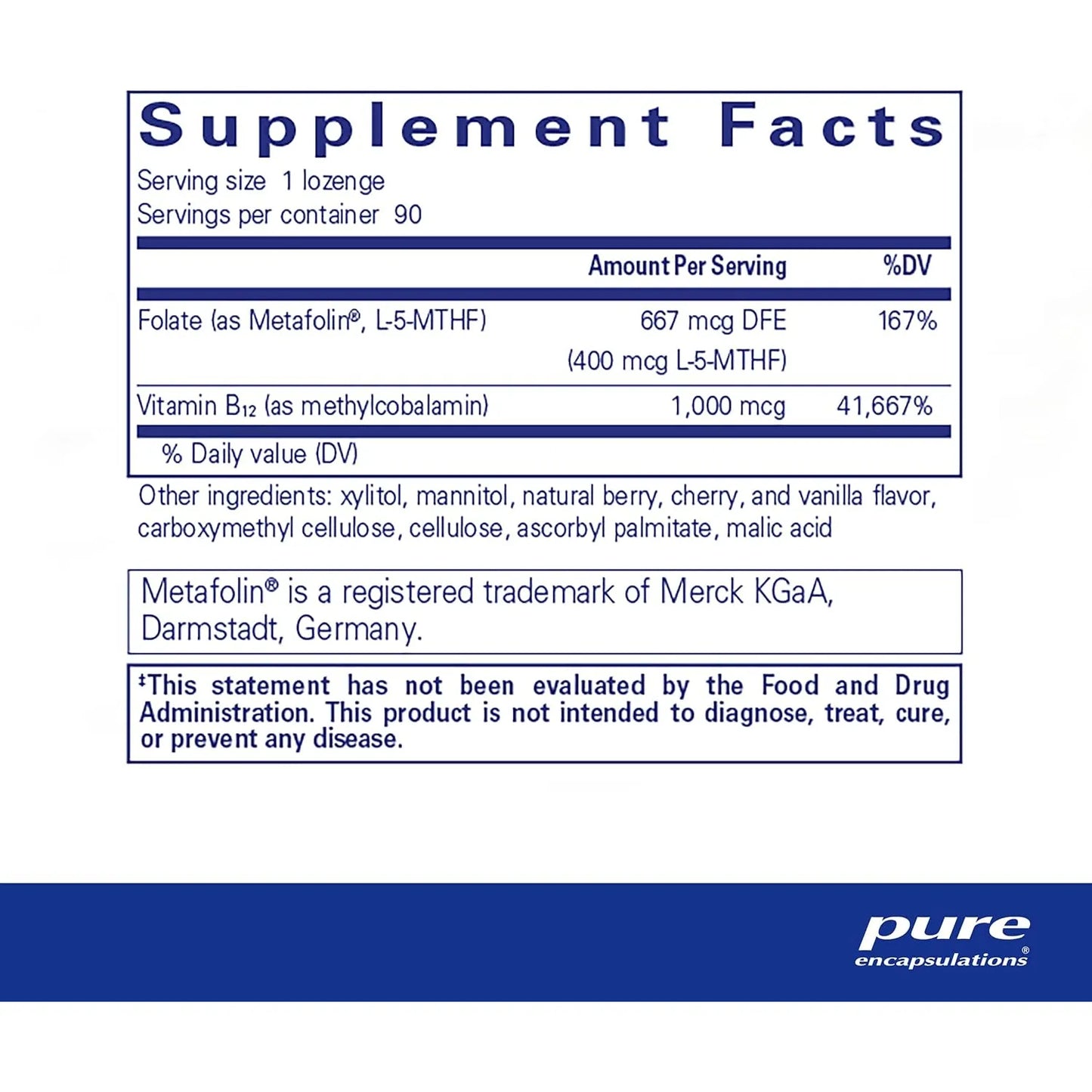 Vitamina B12 Con L 5 MTHF Pure Encapsulations 90 Tabletas Metabolismo Energía
