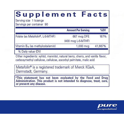 Vitamina B12 Con L 5 MTHF Pure Encapsulations 90 Tabletas Metabolismo Energía