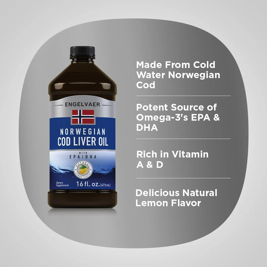 Aceite De Hígado De Bacalao Líquido 473 Ml Con EPA DHA Sabor Limón Engelvaer Norwegian