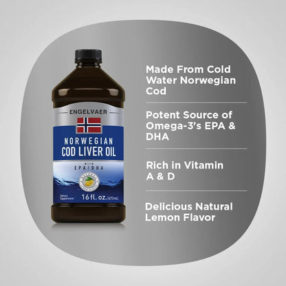 Aceite De Hígado De Bacalao Líquido 473 Ml Con EPA DHA Sabor Limón Engelvaer Norwegian