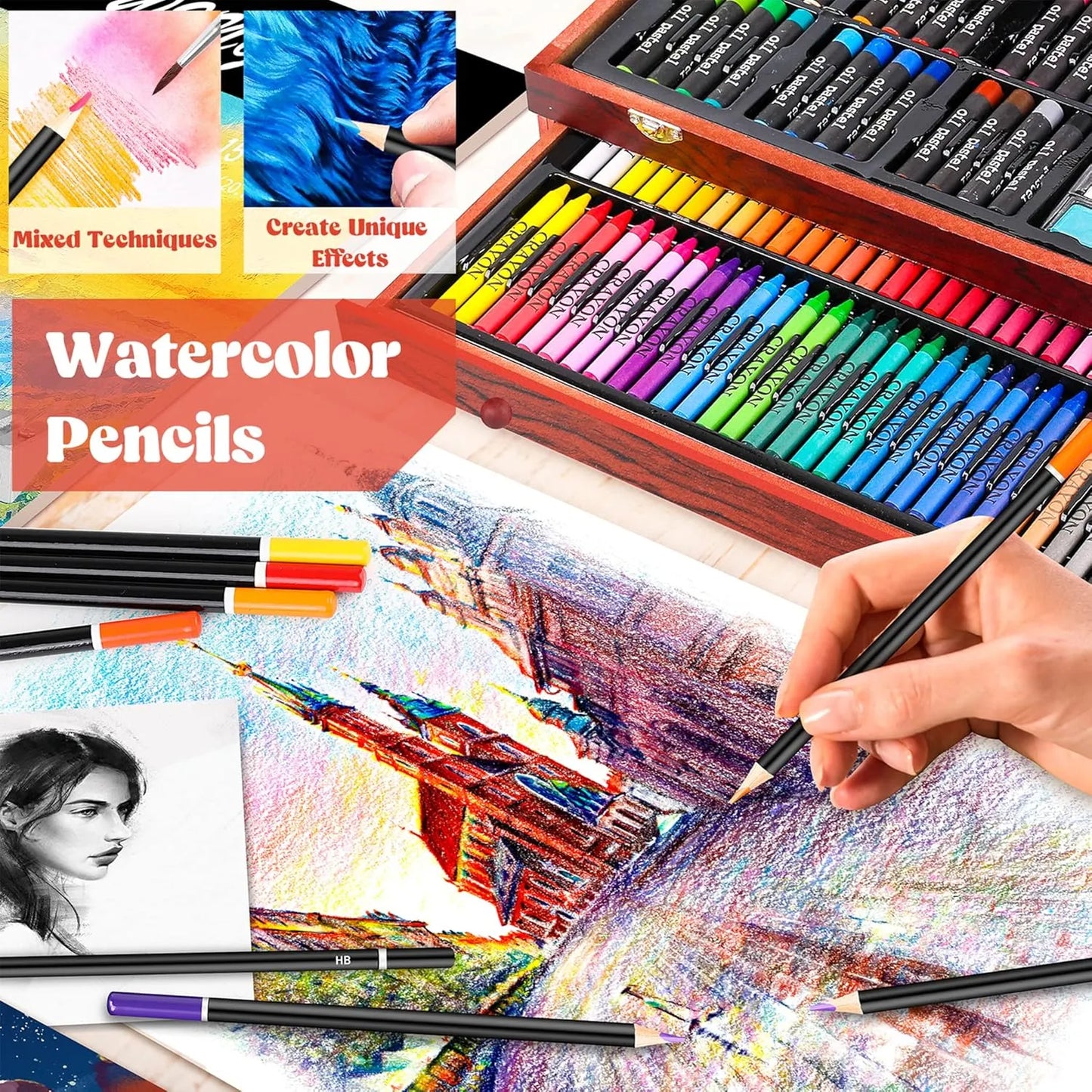Kit De Arte De Lujo 153 Piezas Manualidades Dibujo Pintura Caja Madera