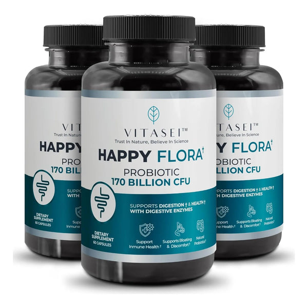 Happy Flora Suplemento Probiótico 170 Mil Millones UFC Con Enzimas Digestivas 3 Botellas 180 Cápsulas