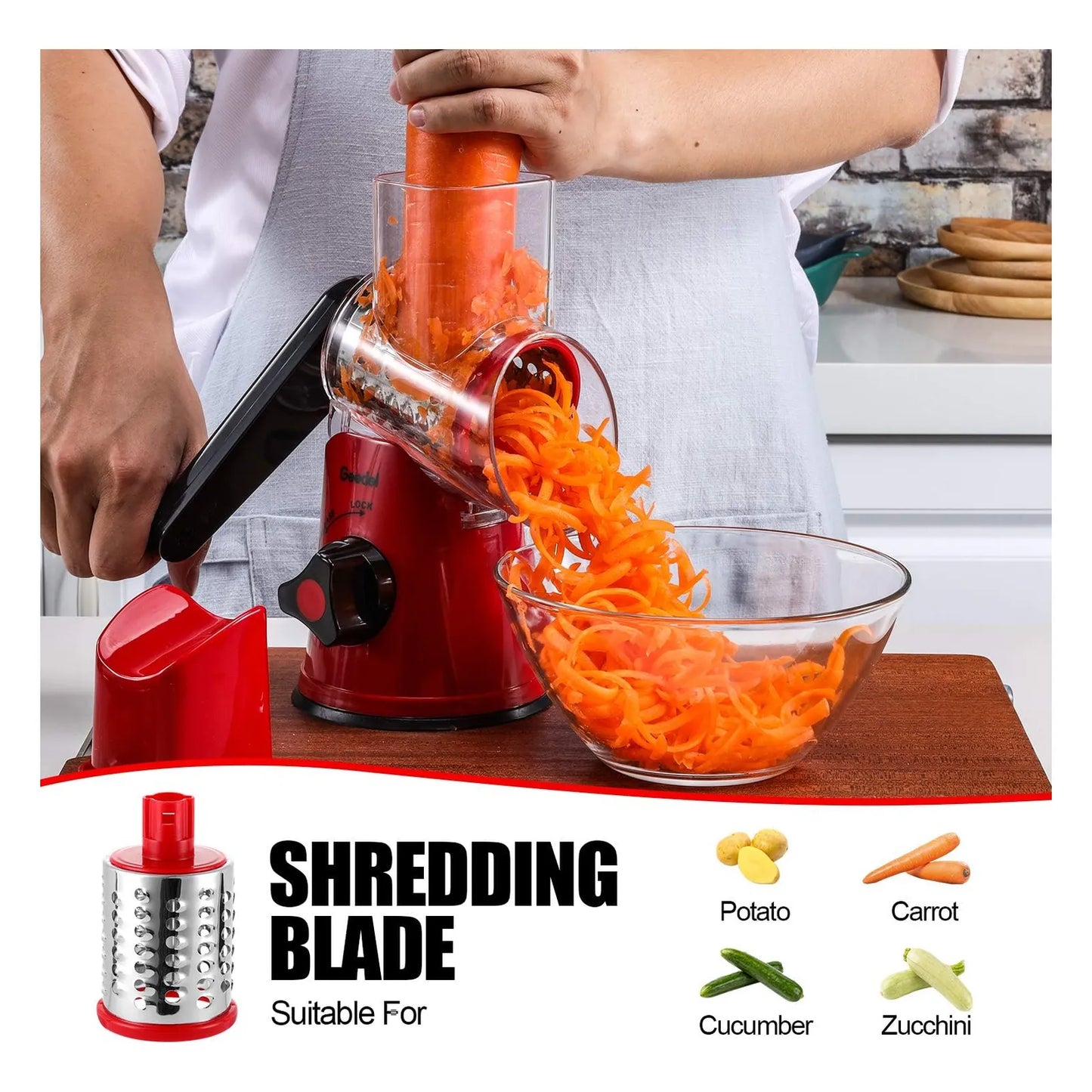 Rallador Giratorio Geedel 2 Cuchillas Facil Limpieza Frutas Verduras Queso