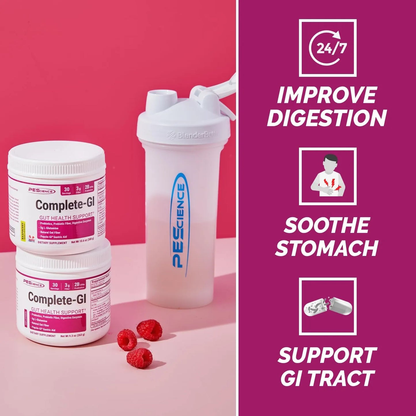 PEScience Complete GI Polvo Salud Intestinal Frambuesa Probióticos Enzimas Digestivas
