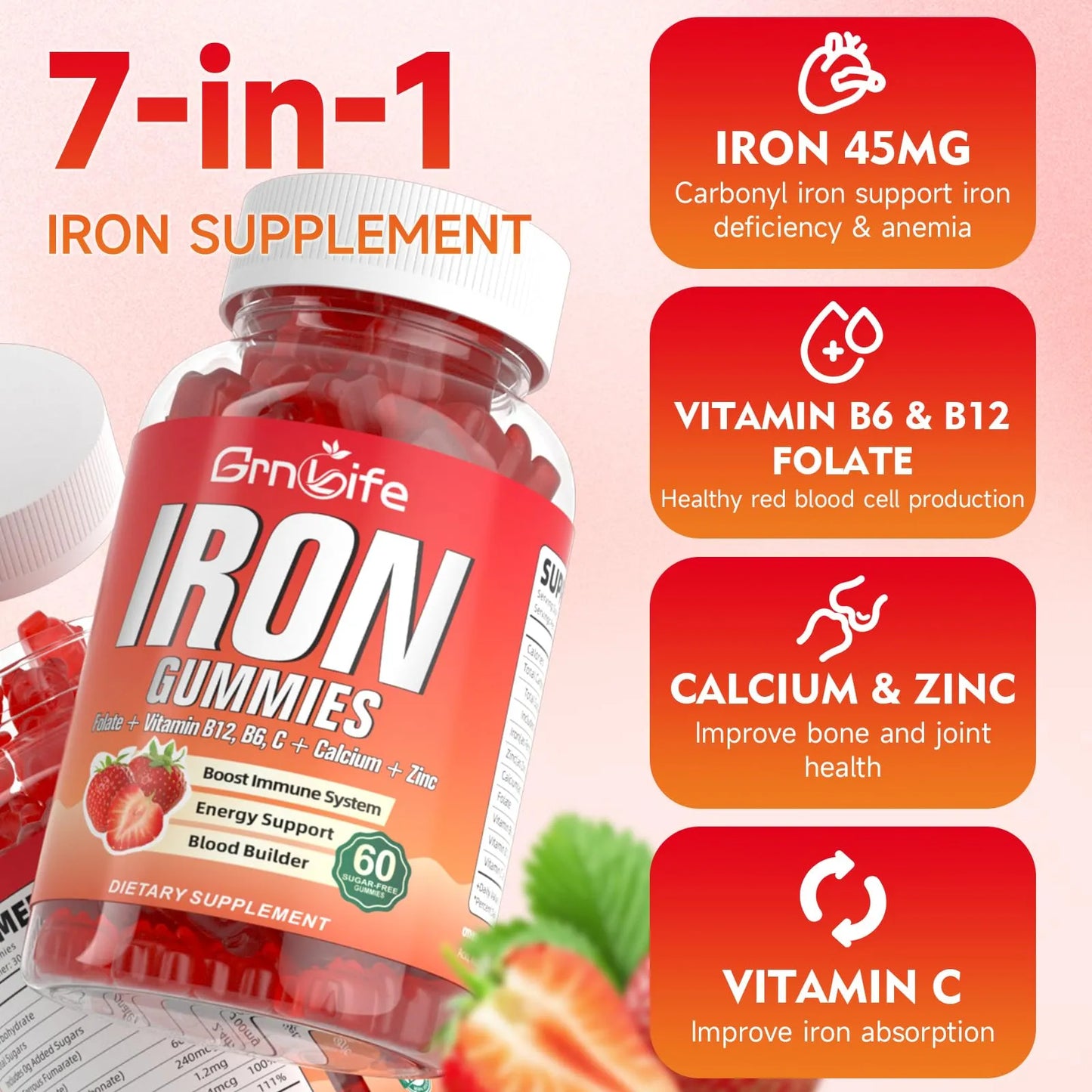 Gomitas De Hierro Fresa Con Calcio Zinc Folato Y Vitamina B12 Para Energia Y Anemia 60 Unidades