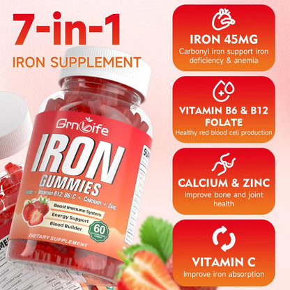 Gomitas De Hierro Fresa Con Calcio Zinc Folato Y Vitamina B12 Para Energia Y Anemia 60 Unidades