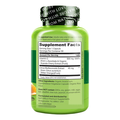 Vitamina C 500 Mg Con Extracto De Cereza Acerola Orgánica Y Bioflavonoides Suplemento Vegano 90 Cápsulas