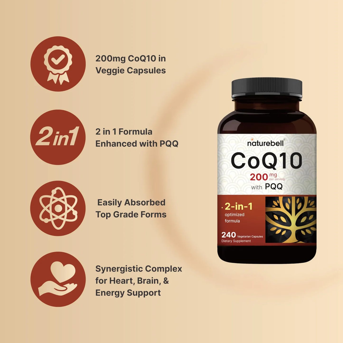 Coq10 Ubiquinona 200 Mg Con Pqq 240 Cápsulas Vegetales Alta Absorción